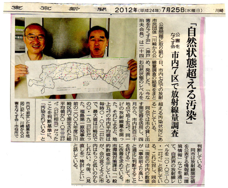 「自然状態超える汚染」公害をなくす会 市内7区で放射線量調査(東京新聞2012年7月25日付)